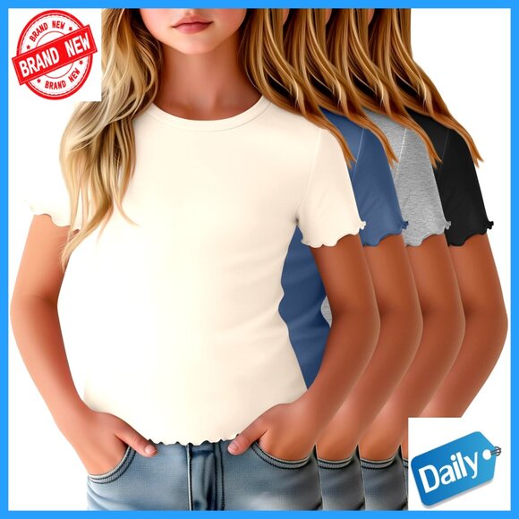 Other - 4 Pack Girls Short Sleeve Tees Slim Fit Lettuce Trim Crewneck Summer Tops